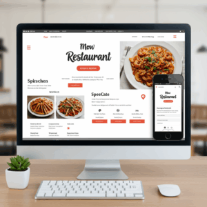 One-Pager-Design für Restaurants – Startseite mit Speisekarten und Kontaktinformationen